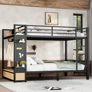 Bellemave   Metal Bunk Bed for Teens with Storage Shelves ,Drawers and Pegboard,Black