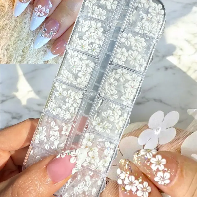 Premade 3D Acrylic White flowers Nail charms set 180pcs Nail Art handmade flower nail spring summer