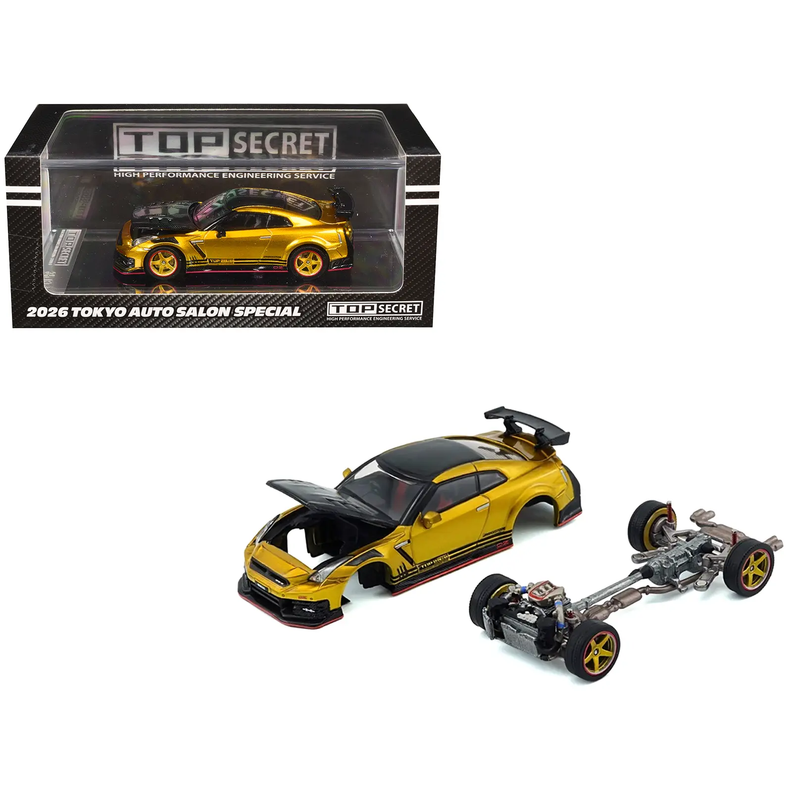 Nissan "Top Secret" GT-R (R35) RHD Gold Metallic with Carbon "Tokyo Auto Salon 2026" 1/64 Diecast Model Car by BM Creations