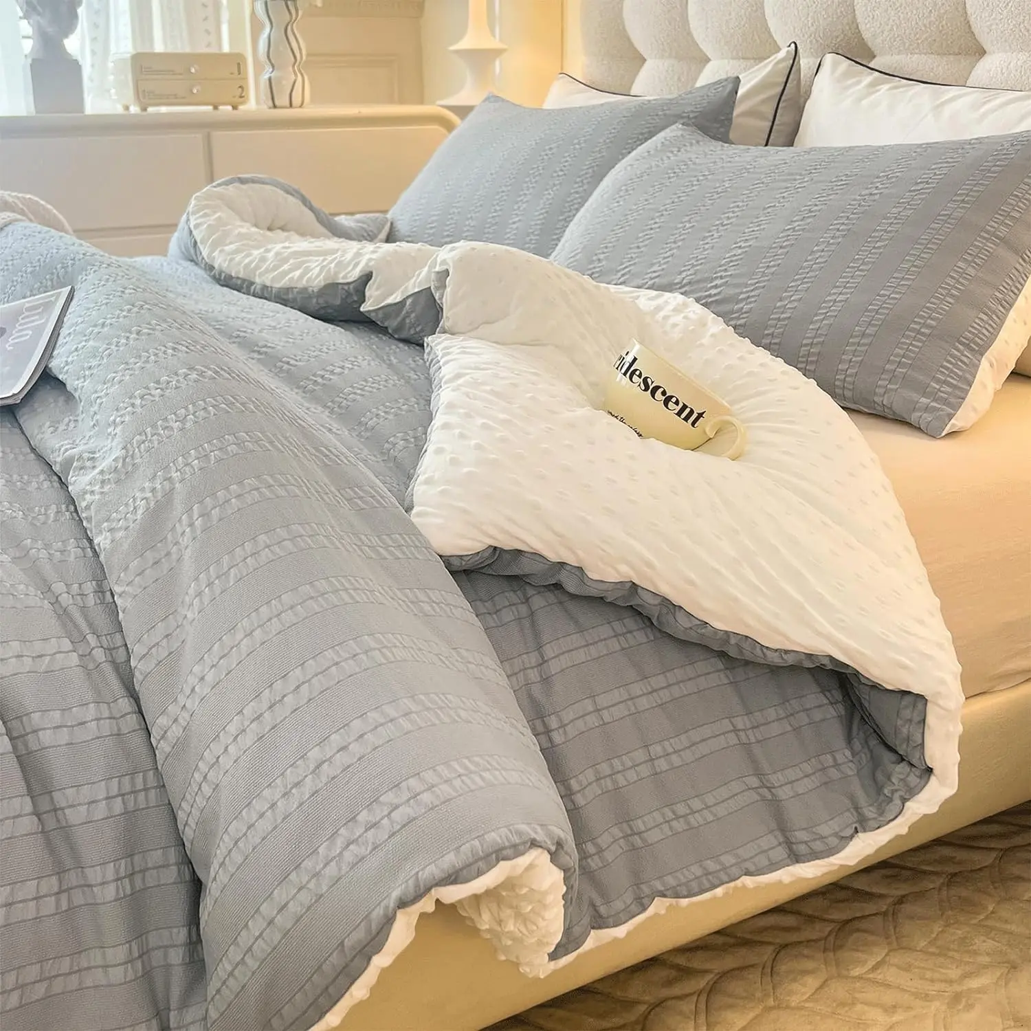 Boho Comforter Set Full Size Striped Pleats Bohemian Seersucker Bedding Set All Season Soft Cozy 3 count Quilt with 2 Pillowcases(80"X90" Grey)