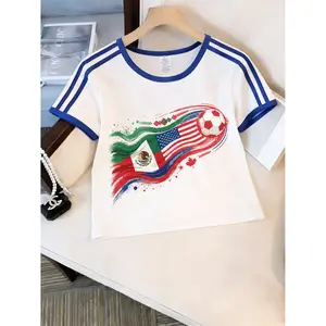 Women's Red Graphic Soccer Jersey with Sporty Contrast Trim and Relaxed Short Sleeves