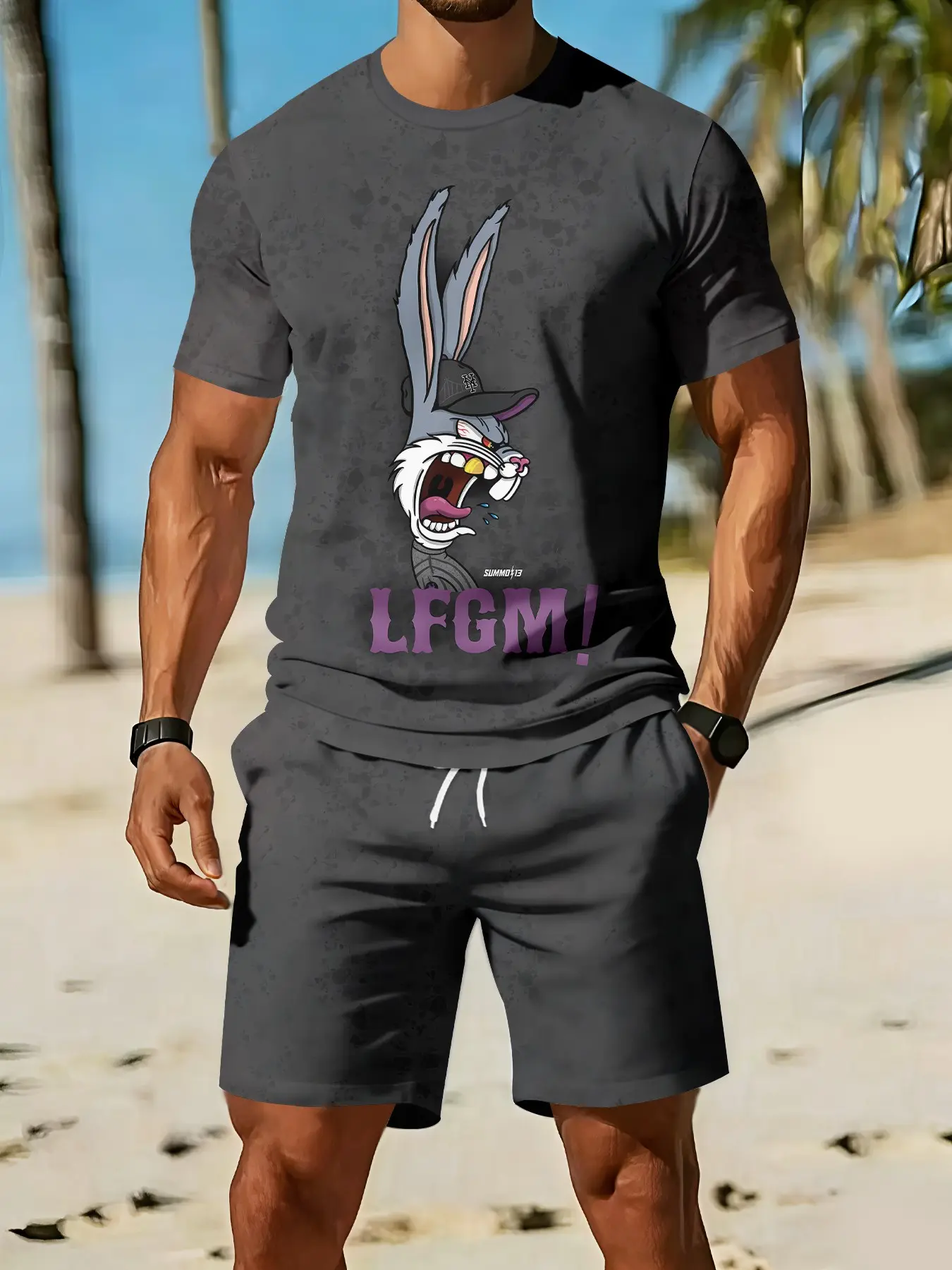 Men's 3D Digital Printed Two-Piece Set with Grey-Tone Trendy Rabbit Cartoon Pattern, 2Pcs, Retro Casual Two-Piece Suit, Breathable Sports Casual Style, Athletic Shorts Set, an Ideal Festival Gift for Men