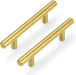 Gold Cabinet Handles - 3''Hole Center, Brushed Brass, 5'' Overall Length, Stainless Steel, Kitchen Bathroom Bedroom Furniture