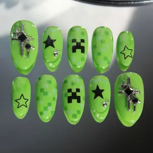 Green Creeper & Star Pixel Art Press On Nails, Pixel Gamer Neon Green Y2K Nails with Star Charms