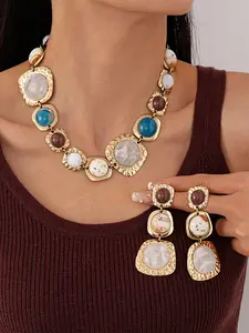 Vintage Resin Geometric Necklace Earrings Set, Elegant Clavicle Chain Jewelry for Women, Perfect Accessory for Any Occasion