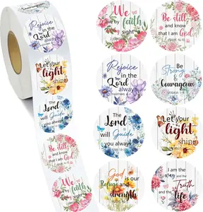 Verses Roll Stickers - 500 count Floral Christian Religious Decal Inspirational Scripture Round Sticker Flower Religion  Adhesive Labels for Envelope Party   Card School