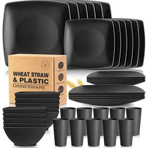 40- Plastic Wheat Straw Square Dinnerware Set,Service for10, Unbreakable Dinner Plates, Salad Plates, Snack Bowls, Tumblers 13.5 oz, Dishwasher Safe, Kitchen Outdoor Camping Dish, Black