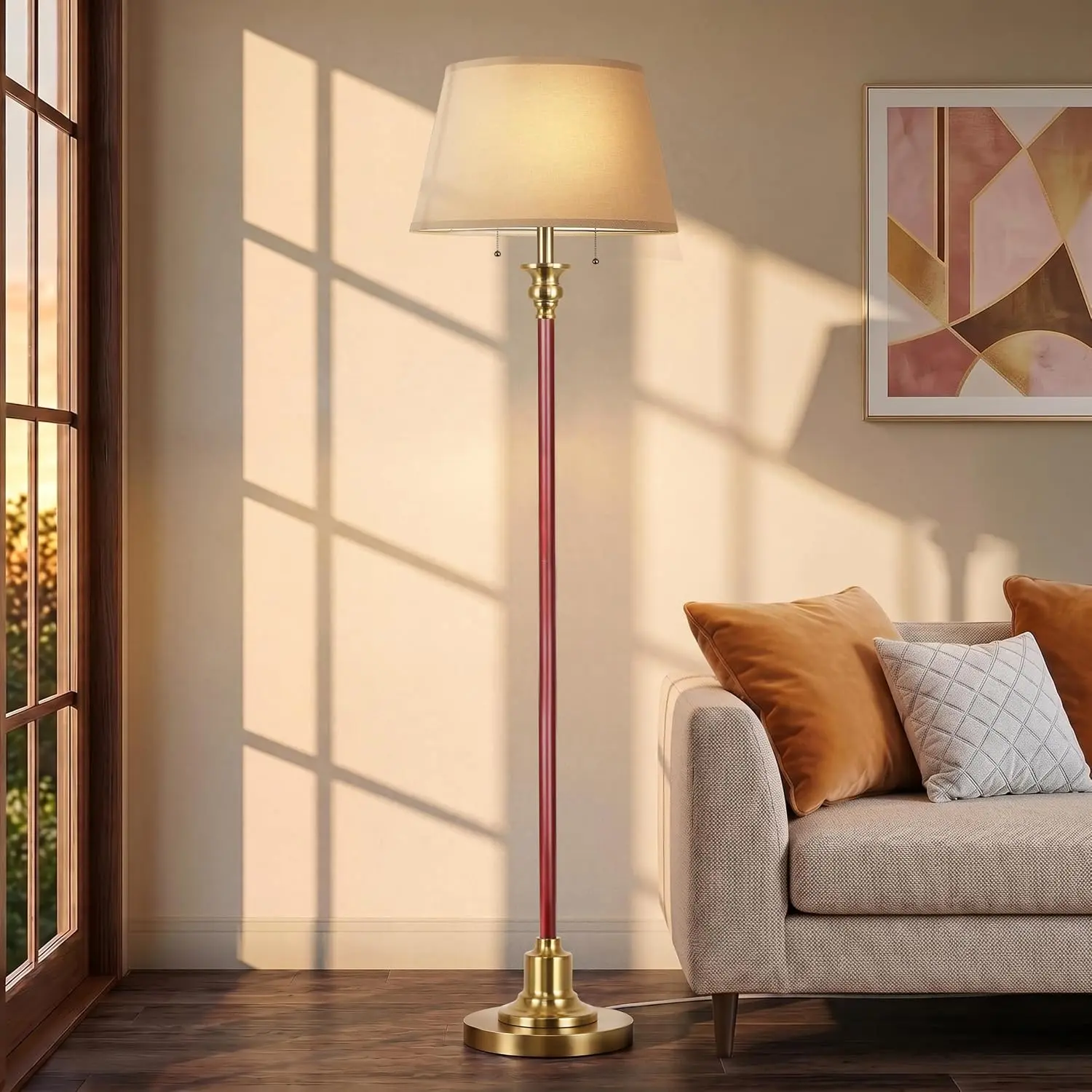 2-Light Floor Lamp for living room, 66.5'' Rustic Farmhouse Pole Lamp with Double Pull Chain, Traditional Vintage Tall Standing Lamp for Home Decor(3 Color Temperatures Bulb Included)