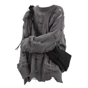 Men’s Long-Sleeve Streetwear Sweater, Hip-Hop Style, Ripped Two-Piece Design, Knitted Crew Neck, Soft and Warm for Autumn/Winter