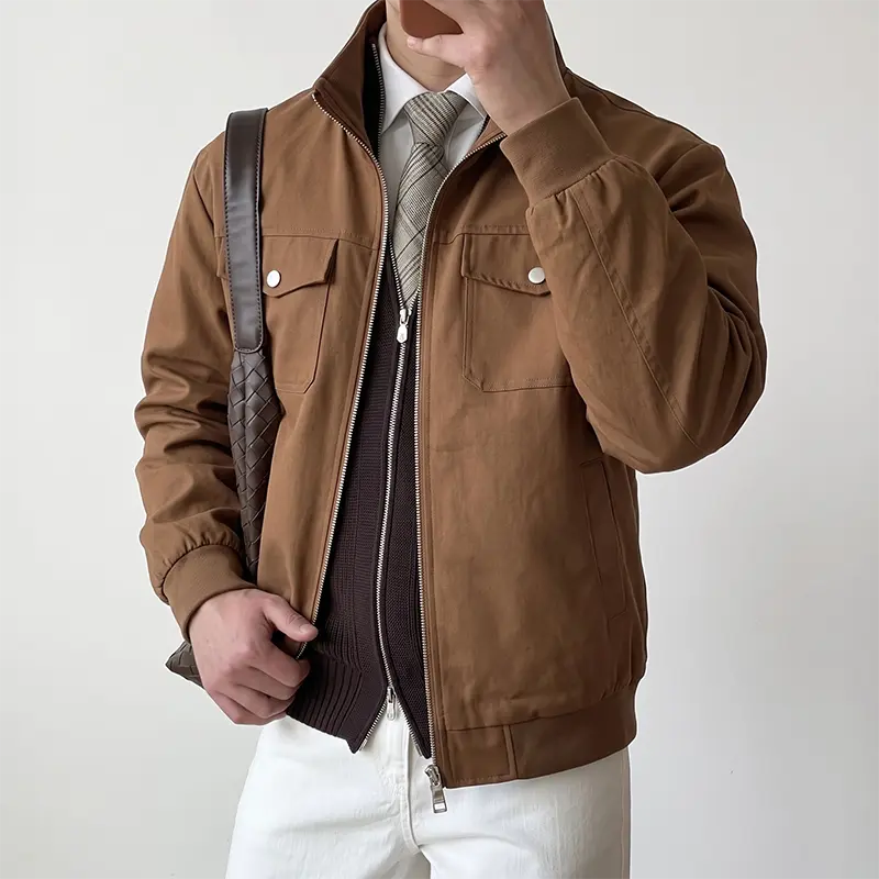Men's Stand Collar Bomber Jacket Full Zip Snap Chest Pocket Work Coat Solid Khaki Premium Fabric Great Value Wrinkle Resistant Windproof Relaxed Fit for Men Business Office Daily Commute Spring Fall Smart Casual Outerwear