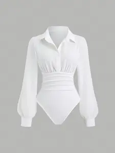 Elegant Bubble Sleeve Shirt Romper, Waist Cinched Pleated Button Collar, Essential for Daily Wear and Dates