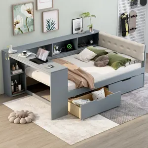 Classic Pine Wood Full Size Platform Bed Frame - Corner Daybed with Storage Shelves, Desk, Bookcase, Drawers and Upholstered Headboard, Gray