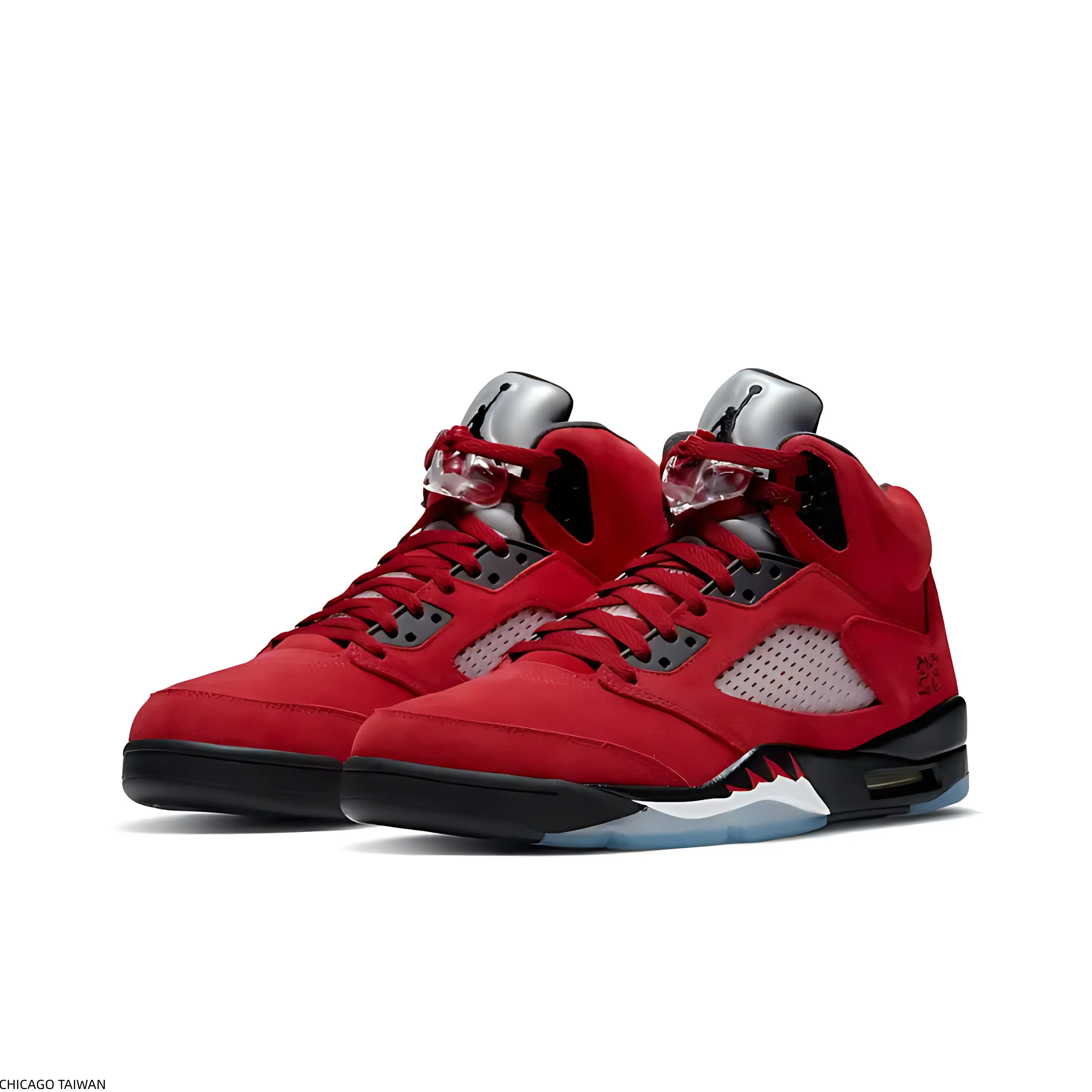 Classic Retro Basketball Footwear For Men Women | Vibrant Red Upper With Black Trim & Silver Gray Hardware | Smoky Gray Vent Mesh | Stable Shock Absorbing Structure | Non-Slip Transparent Ice Blue Outsole | For Athletic Activities & Casual Street Style