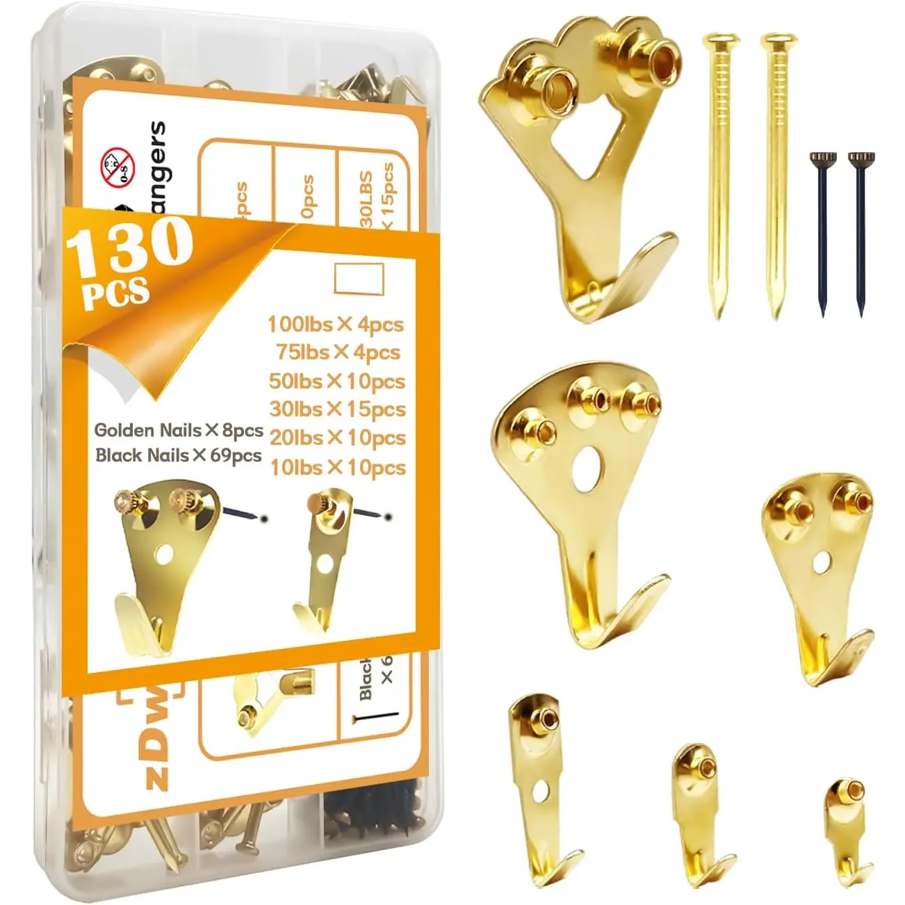 130 count Heavy Duty Picture Hanging Kit 10-100lbs Picture Hangers Hooks for Hanging Hardware, Plaster Walls, Clock, Mirror, Painting Hooks DD001