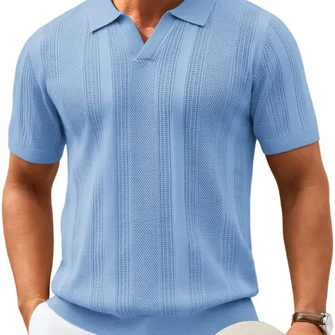 COOFANDY Mens Knit Polo Shirts V Neck Textured Polo Shirts Short Sleeve Breathable Polo Casual Collared T Shirt Fashion Tops