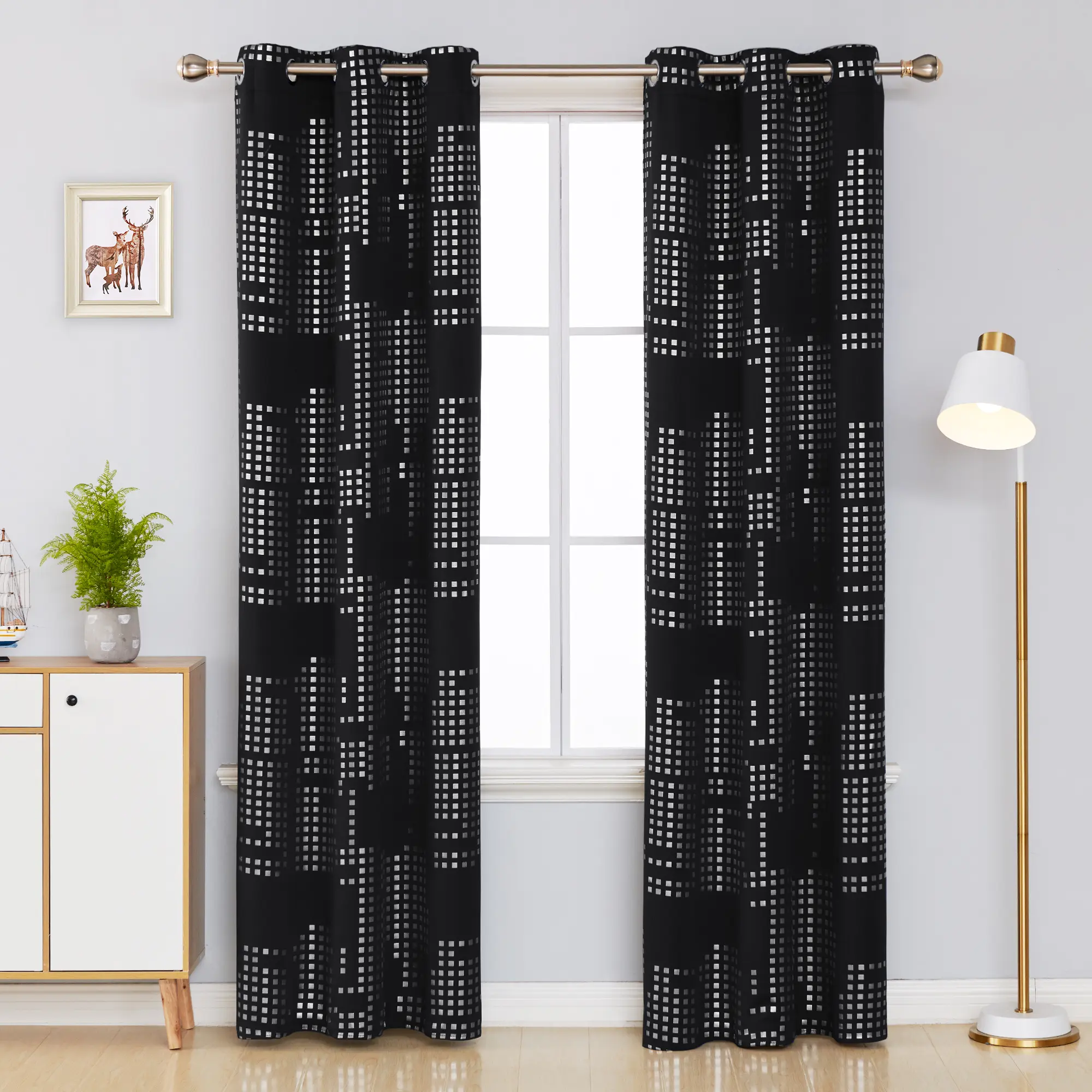 Deconovo Modern Grid Blackout Curtains for Living Room - Lattice Design Printed Grommet Window Drapes, Light Filtering & Privacy-Enhancing
