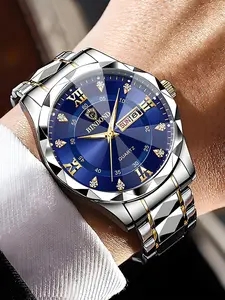 Luxury Men's Analog Mechanical Watch, Stainless Steel Strap, Zinc Alloy Round Case, Night Light Calendar, Quartz Movement, Digital Display, Luminous Fashionable Watch, Luminous Dial, Stylish Watch, High Quality Watch