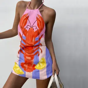 Chic Style Lemon Lobster  Print Vacation Dress Set Sleeveless Comfy Women's Clothing #SpringStatements