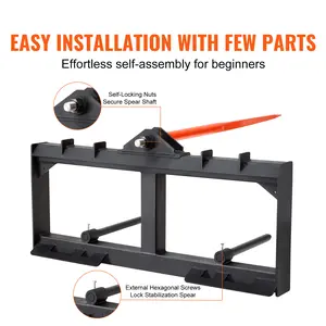 VEVOR 49" Hay Spear, Bale Spears 1600lbs Loading Capacity, Skid Steer Loader Tractor Attachment with 2pcs 17.5" Stabilizer Spears, Quick Attach Spike Forks