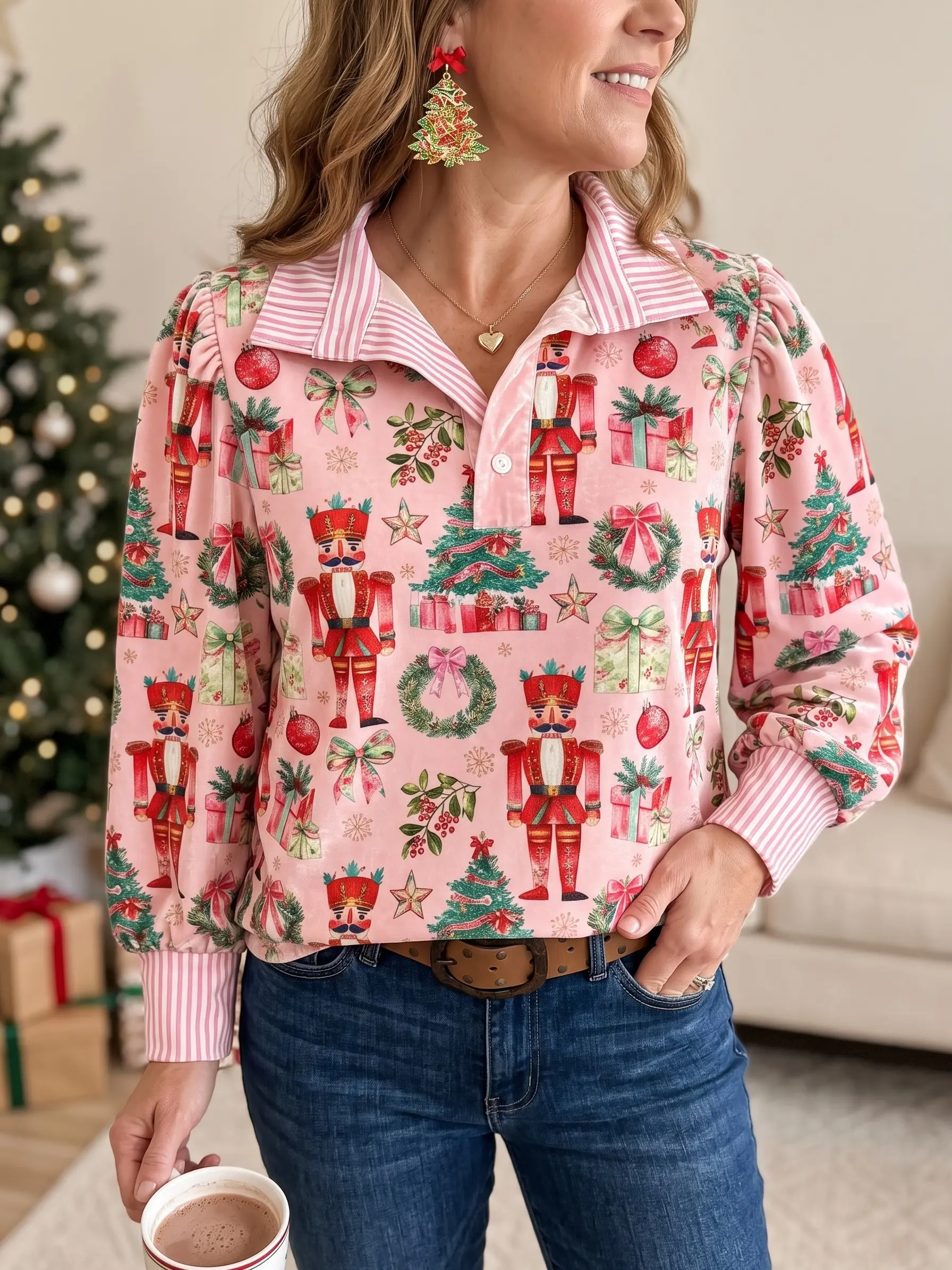 Pink Nutcracker Velvet Blouse , Christmas Tree Print, Striped Ruffle High Neck, Soft Holiday Feel, Festive Winter OOTD, Romantic Christmas Style Fabric Shirts