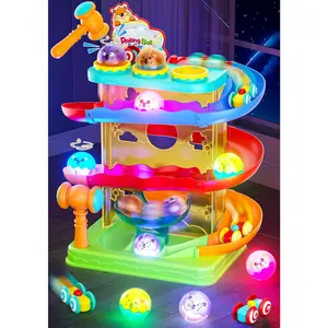 2-in-1 Rolling Ball & Car Ramp Race Track Toddler Toy, Hammer Ball Drop Interactive Playset with Sensor Lights - Montessori STEM Early Education Bead Maze for Kids 1-5+ Years Old