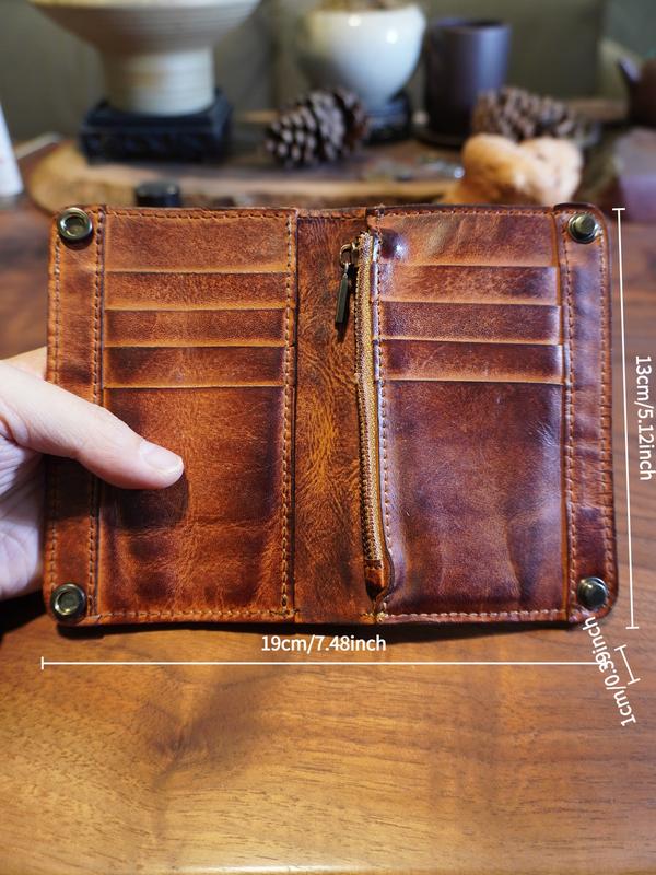 Large Capacity Leather Wallet - Handmade Vegetable Tanned | Metal Zipper, Multi Card Slots for Cash/Cards/Change