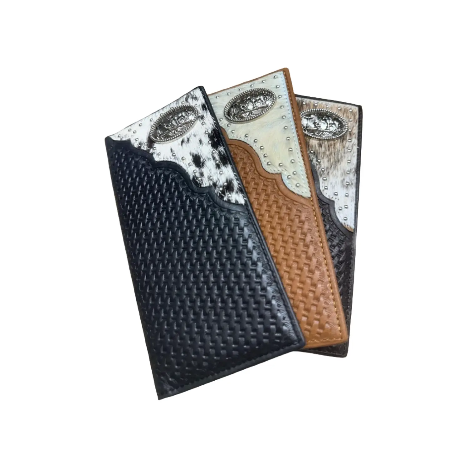 Men's Leather Cowhide Wallet - Cowboy Prayer Motif, Cowhair Basketweave Design, Leatherette Accents, Available in Black, Brown, Beige