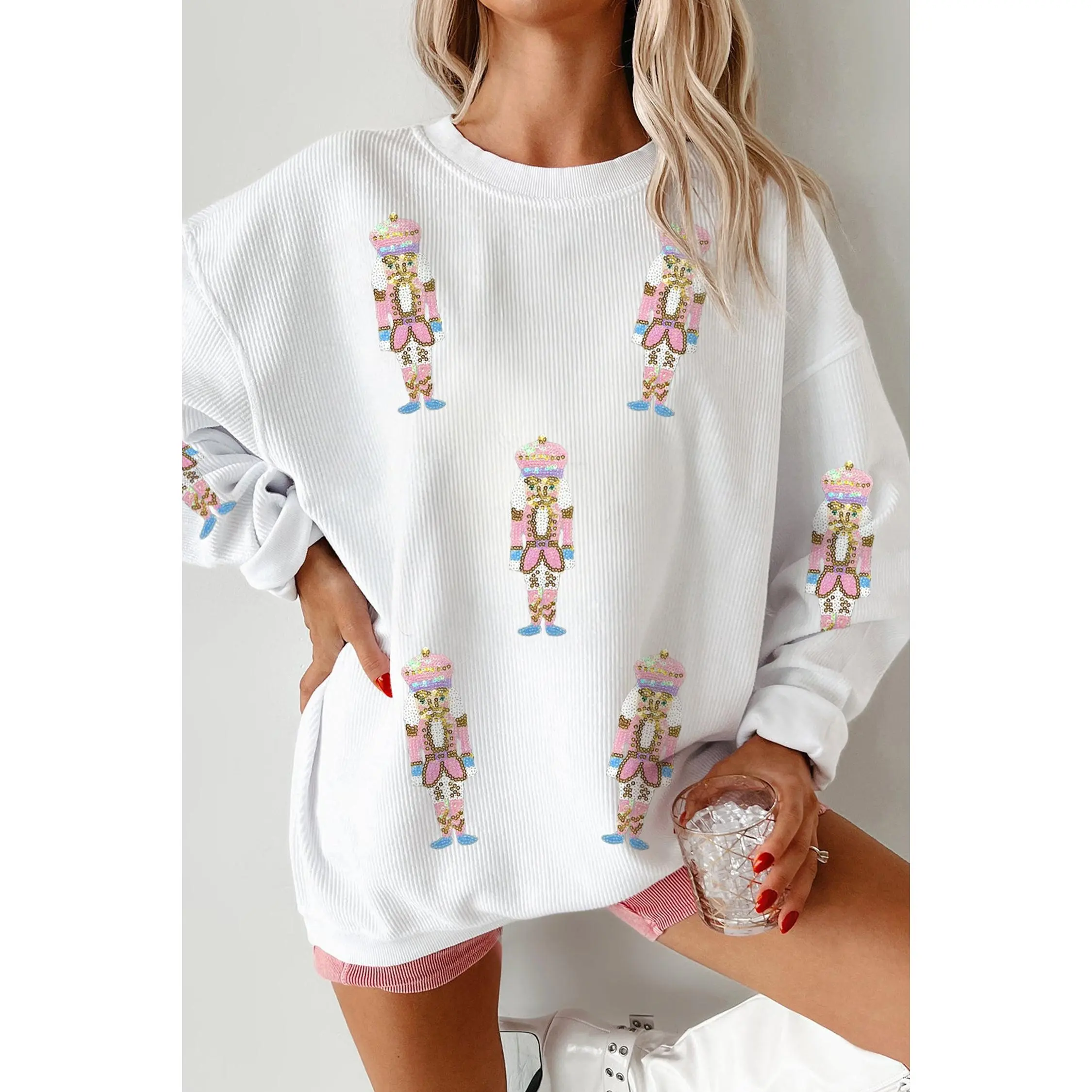 White Corded Rib Sequin Patched Nutcracker Graphic Drop Shoulder Sweatshirt