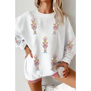 White Corded Rib Sequin Patched Nutcracker Graphic Drop Shoulder Sweatshirt