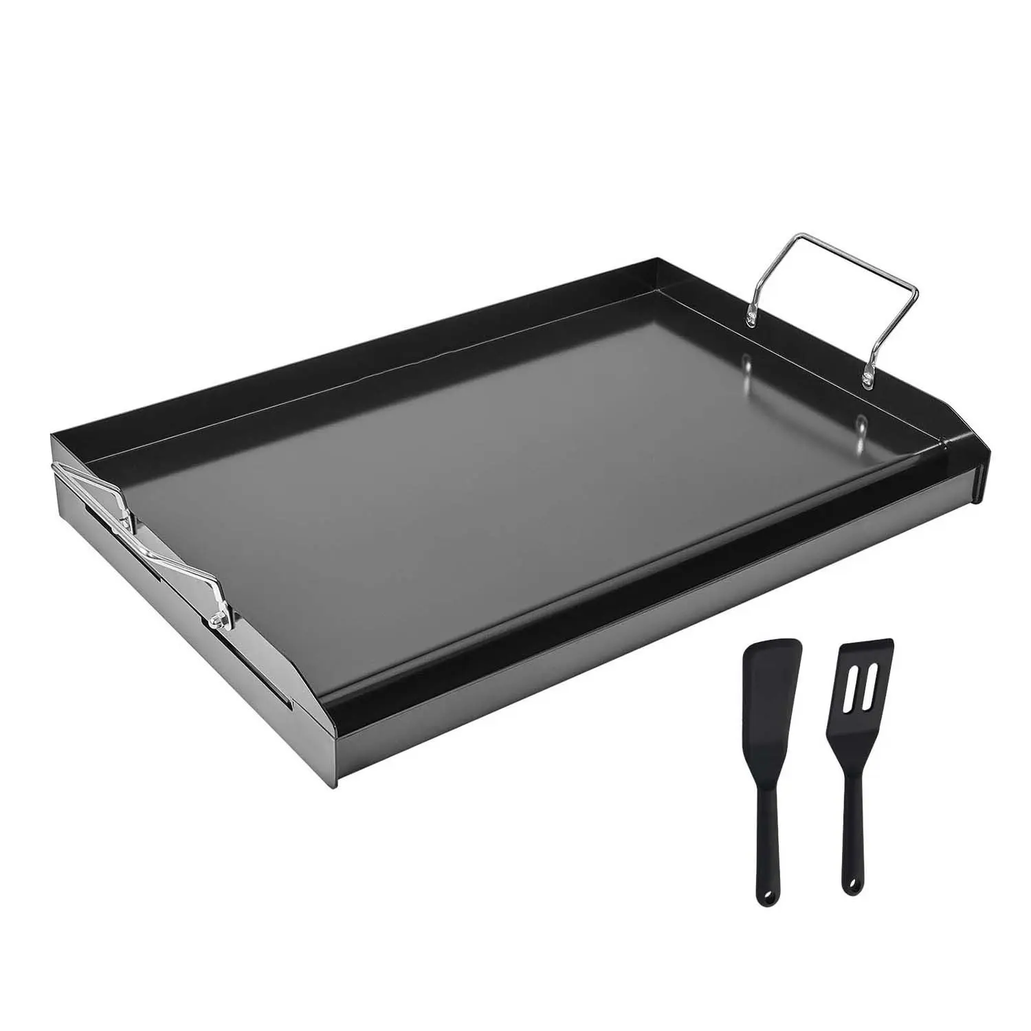 Sturdy PTFE-Coated Carbon Steel Griddle, 24x16in Universal Flat Top Rectangular Plate - Gas Grill & Stove Compatible, Portable Family Cookware with Silicone-Wooden Handle, Grease Trough, Backyard Gear for BBQ Lovers, Cooking for a Crowd