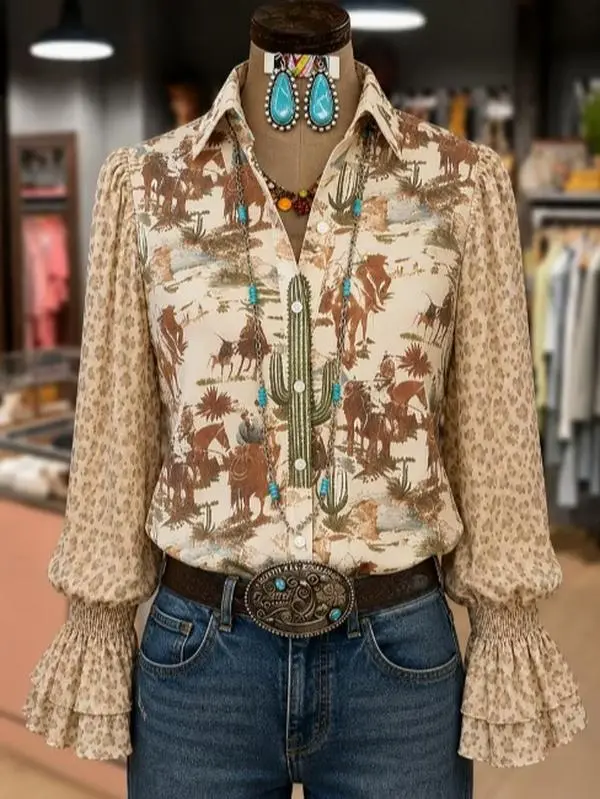 Women Western Cowboy Cactus Desert Horse Print Button Down Shirt Lapel Puff Sleeve Leopard Patchwork Double Ruffle Cuff Country Cowgirl Blouse