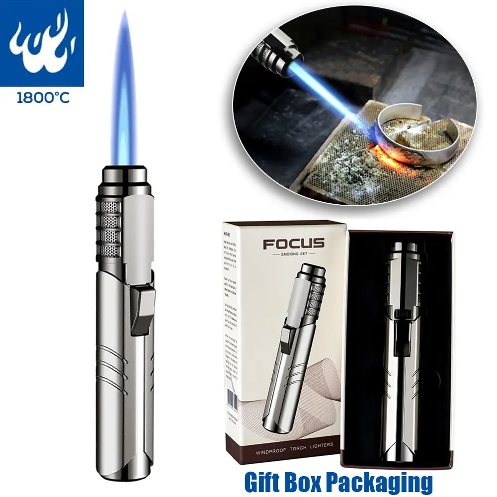 Powerful 1800C High Temperature Metal Blowtorch Butane Gas Lighter - Windproof, Blue Flame, Portable, Adjustable Flame Control For Outdoor Welding, Camping And Bbq - Gift Box Packaging Included (Butane Gas Not Included In Delivery)
