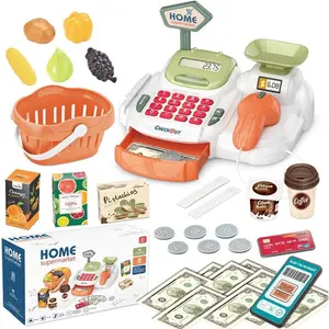 Pretend Play Cash Register Toy with Functional Caculator Cashier Scanner Simulate Food Fruit Play Money Educational Playset for Kids