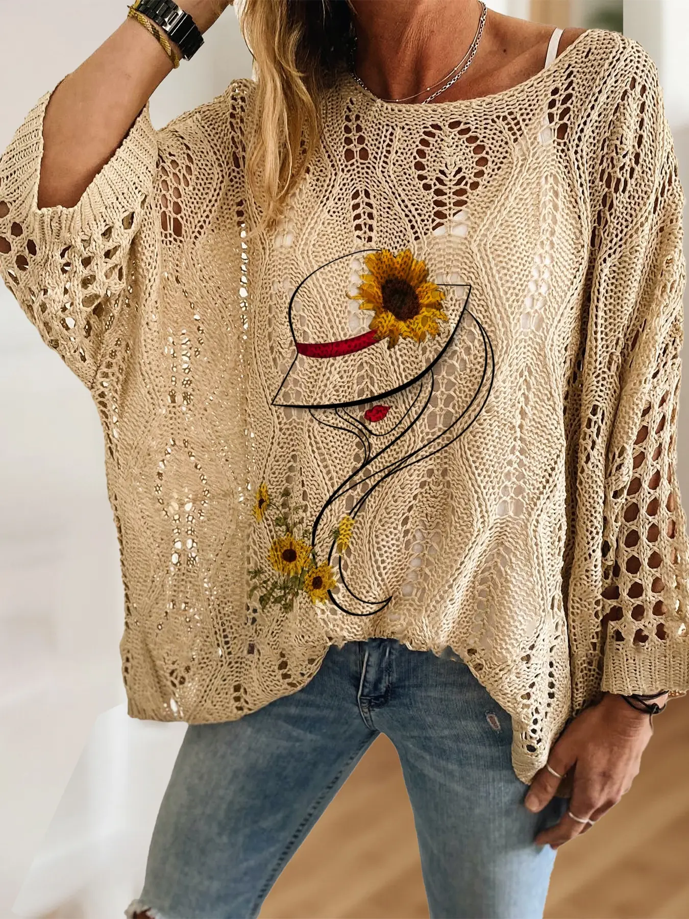 Women's Bohemian Sunflower Print Batwing Knit Top, Casual Elegant Vacation Style, Comfortable Breathable Loose Fit, Spring Summer Fall Fashion