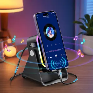 Wireless Induction Speaker Phone Stand with Bluetooth Speaker Amplifier, Stereo Sound, RGB Ambient Light, 360° Adjustable Phone Holder Compatible