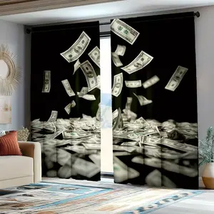 2 Piece Money Print Curtains, Stylish Rod Pocket Window Drapes for Bedroom & Living Room, Easy Installation for Coffee Shops & Offices
