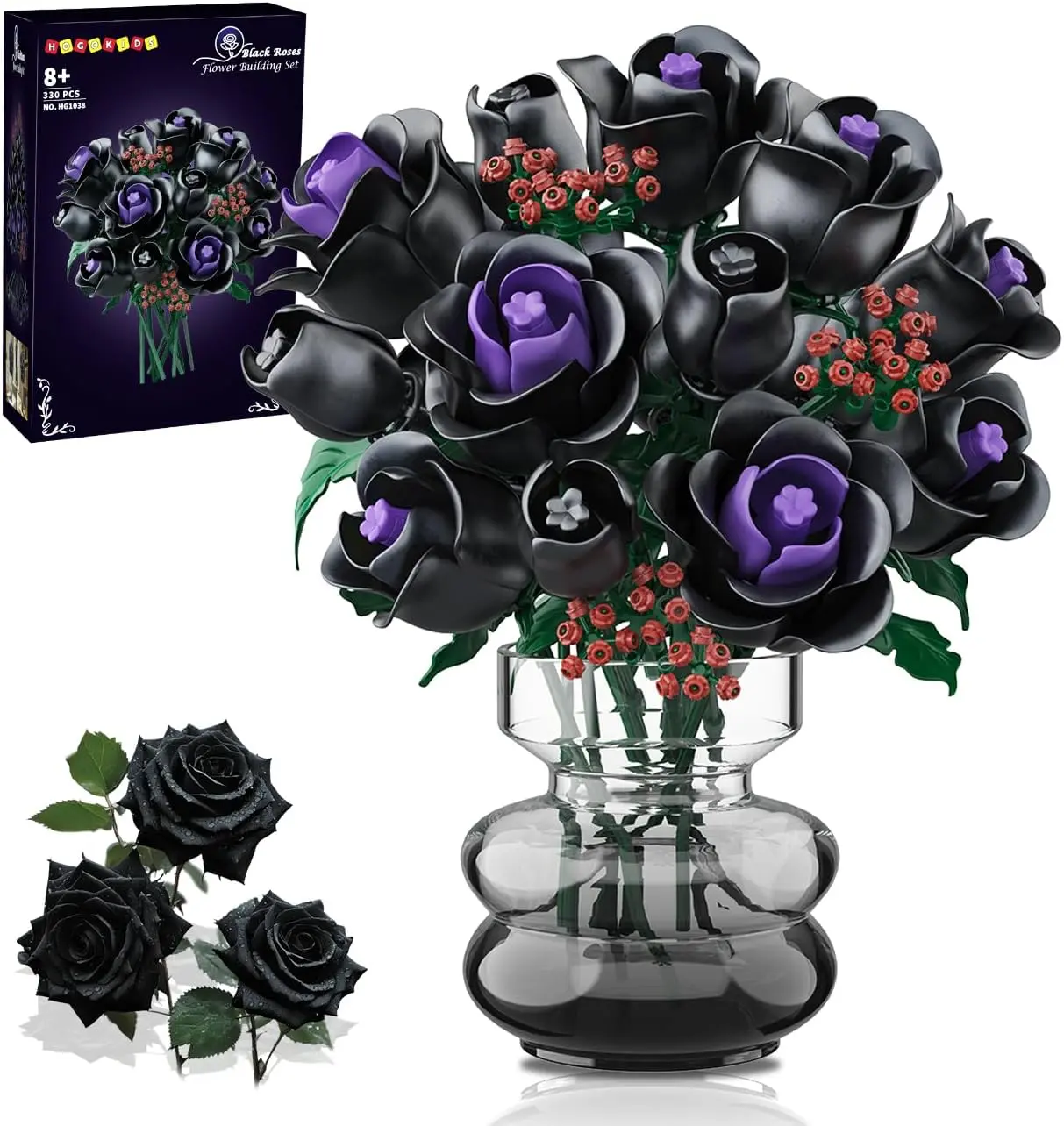 HOGOKIDS Gothic Botanical Building Block Set - 330PCS, 15 Black Artificial Roses + Decorative Fruit Ornaments, Home Office Decor Gift for Adults & Kids 12+