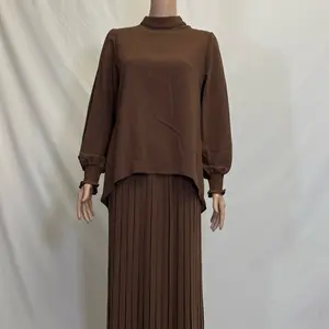Skirt and blouse set maxi length long sleeve brown color pleated skirt with stones on arms