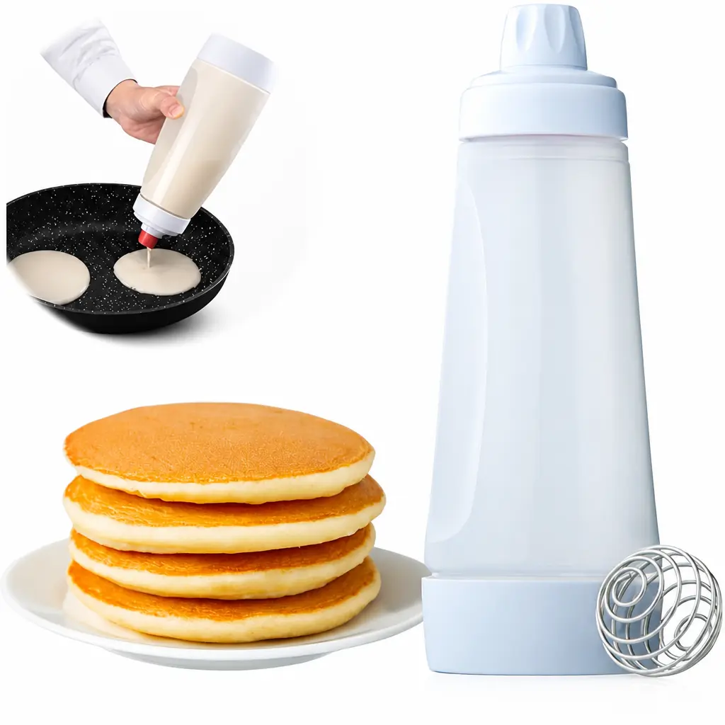 Pancake Batter Mixer Dispenser with BlenderBall - Sturdy Bakeware Utensil, Leak-Free Easy-Pour Spout, Food-Grade Silicone-Plastic Construction, Reusable Home Bakery Storage Gadget