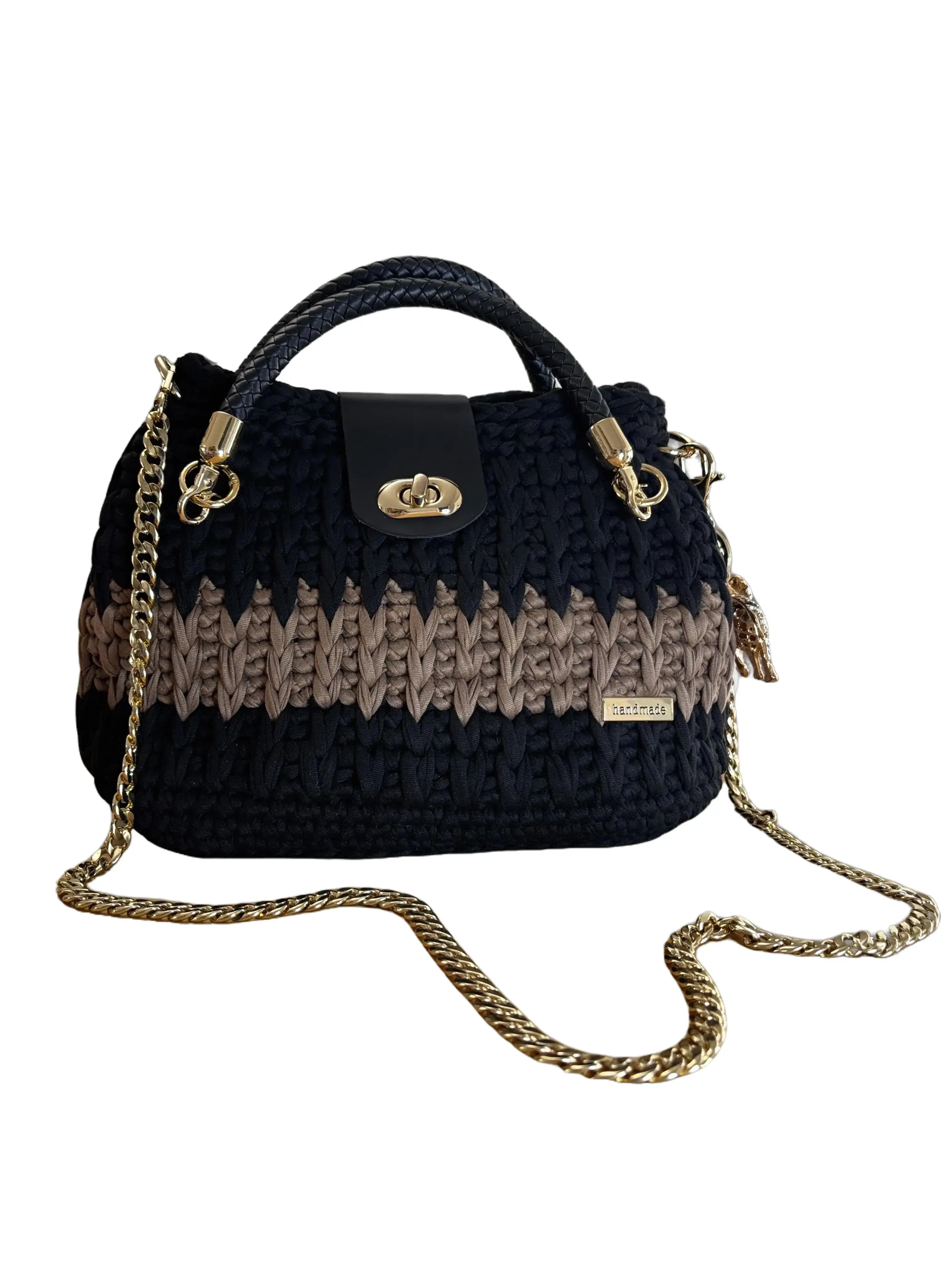 Women's Handmade Black Crochet Fashionable Handbag - Leather Handles, Gold Chain, Elegant Minimalist Flap Square Bag, Made to Order, Handbag Light