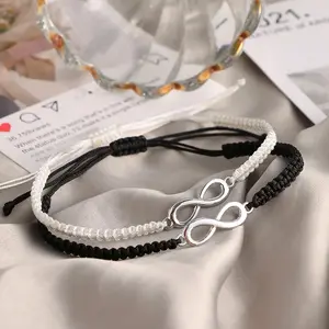 Infinity Matching Bracelet Set for Couples, Black & White Braided Wristbands with Endless Symbol Charms, Adjustable Wrist Jewelry for Best Friends & Lovers