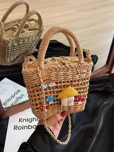 Women's Mushroom Drawstring Woven Grass Bag, Handbag Shoulder Crossbody, Essential Beach Accessory for Vacation & Holidays