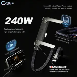 2PCS Invisible Holder Charger Cable Braided Data Cable with Stand 240w Super Fast Charging for Gaming Car Travel with iPhone 15/16/17 Samsung Type-C Charging Cable 2-in-1 fast charging cord