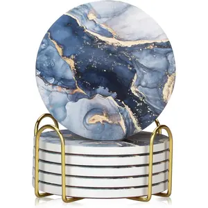 Set of 6 Navy Blue Marble Abstract Round Ceramic Coasters with Holder, Best Absorbent Drink Coasters for Coffee Table Home Decor, Ideal House Warming Gifts for New Home