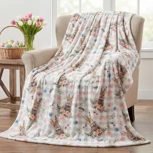 Easter Flannel Blanket Throw, Easter Eggs Plaid Bunny Rabbit Flowers Leaves Soft Fuzzy Plush Cozy Fleece Blankets for Couch Sofa Bed Lounging, Ideal Gifts for Kids Adults