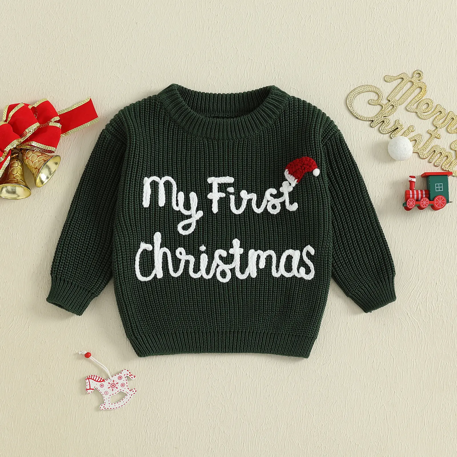 Hand-Knitted Baby Boys Sweater - My 1st Christmas Crew Neck Pullover, Letter Embroidery, Long Sleeve Knitwear Tops with Matching Hat, Hand-Knitted Baby Boys Sweaters, Cotton Baby Boys Sweaters, Soft Cotton Baby Boys Sweaters