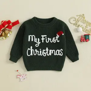 Infant Baby Boys Knit Sweater My First Christmas Hat and Letter Embroidery Crew Neck Pullover Long Sleeve Knitwear Tops