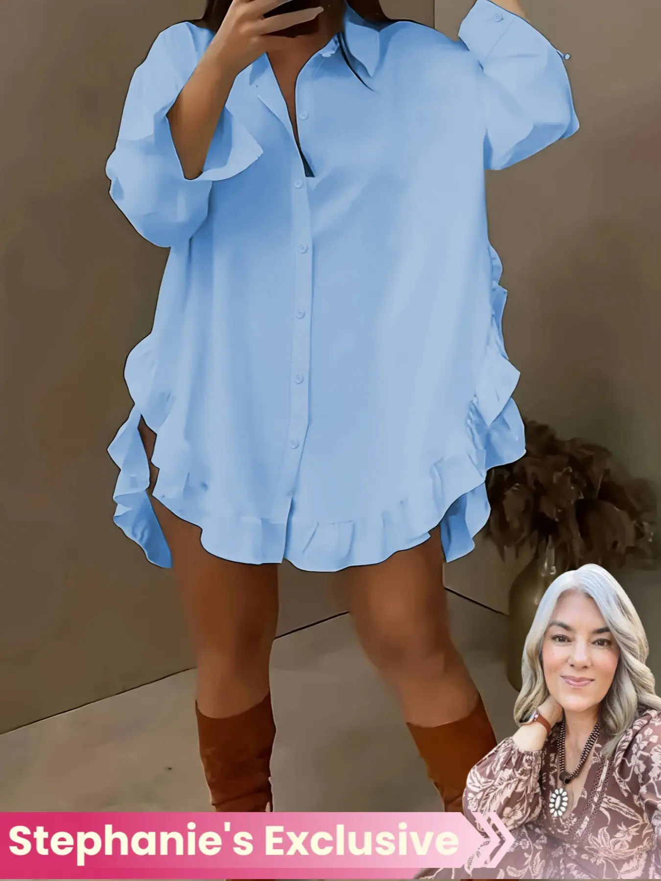 [Stephanie Exclusive] Casual Chic Basic Long Sleeve Collared Ruffle Shirt, Loose-Fitting Button Front Blouse, Plain Design for All Seasons Womenswear