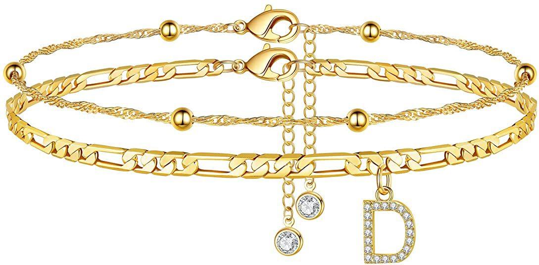 Popular 26-letter zirconia anklet, simple and stylish beaded Cuban double-layer anklet