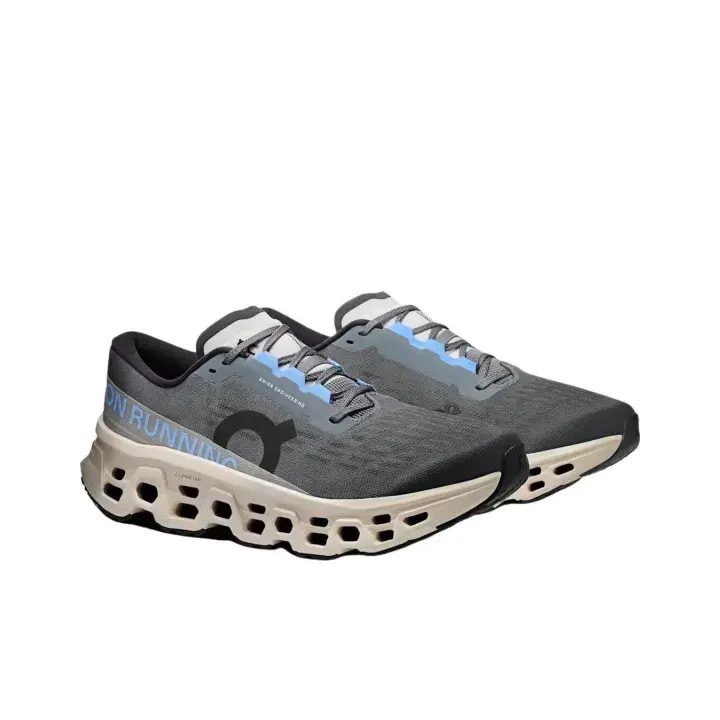 Two-Tone Grey Blue Mesh Performance Sneakers Hollow Cutout Oversized Plush Cushioning Midsole Block Pattern Anti-Slip Rubber Traction Outsole Comfort Long Distance Road Running Footwear For Adult Male Female All Seasons